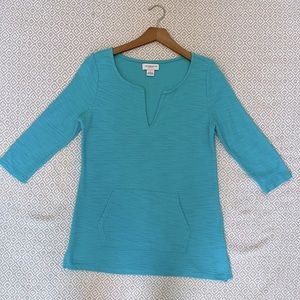 Liz Claiborne Womens Small Havana Splash Tunic V Neck Turquoise Pocket